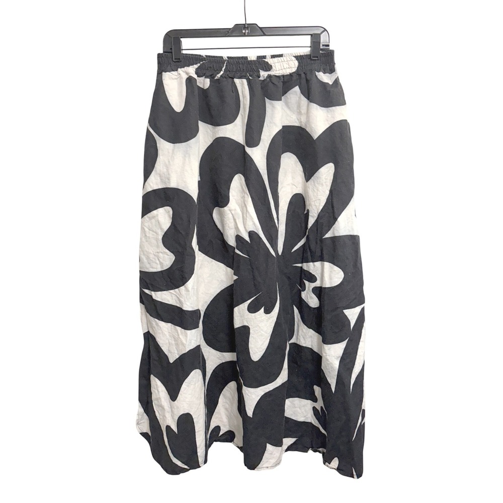 Spighe Di Lino Abstract Floral Lagenlook Black Maxi Skirt White Linen‎ Blend L